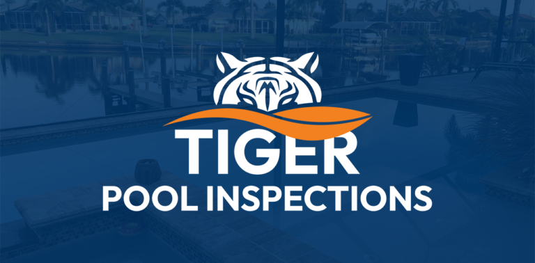 Tiger Pool Inspections Logo with a pool in the background